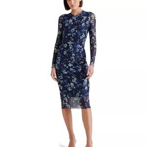 Women's Steve Madden Floral-Print Long-Sleeve Midi Dress Blue Sz L